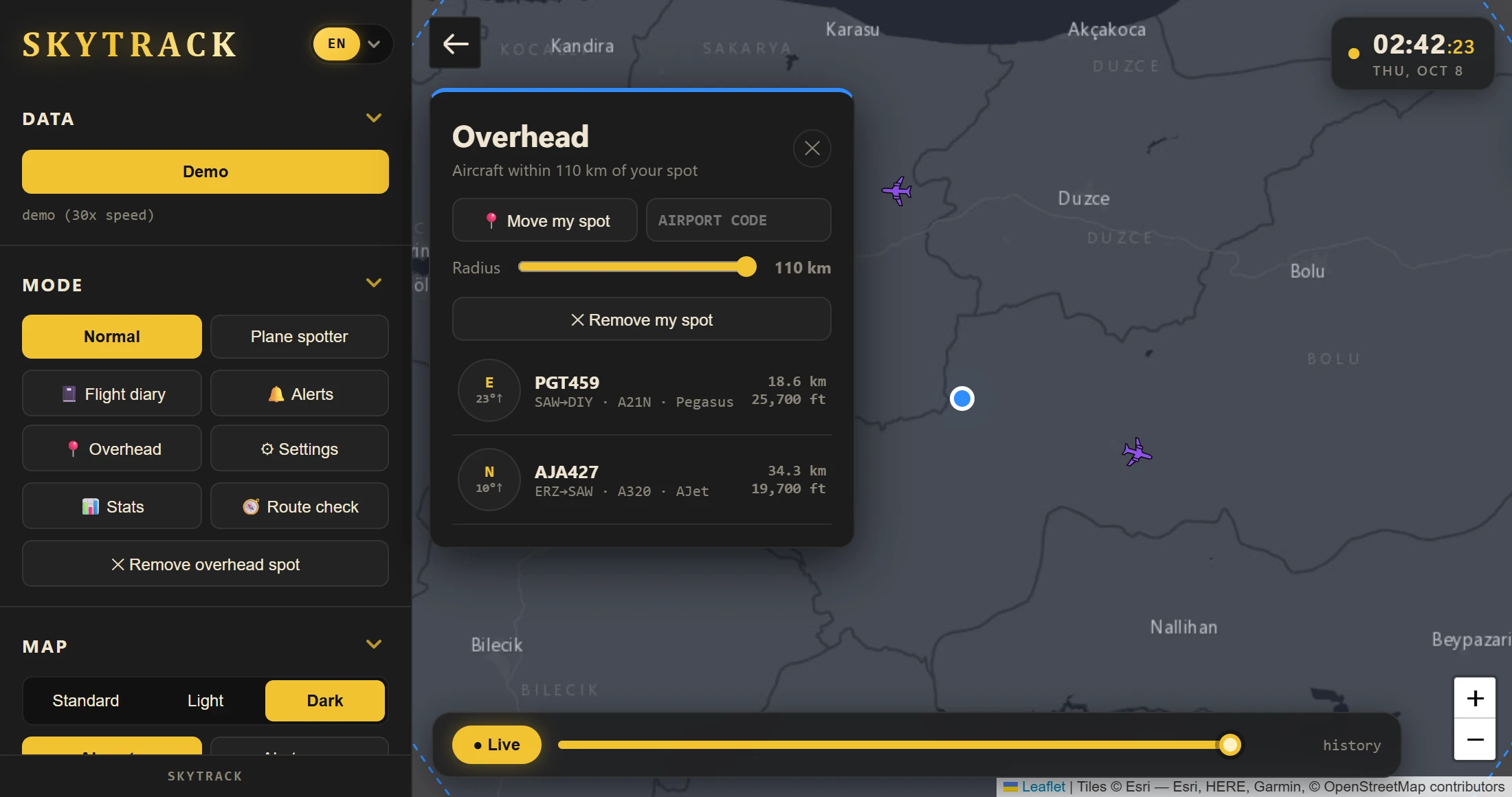 The Overhead panel listing aircraft near a chosen spot with compass direction, height in the sky and distance