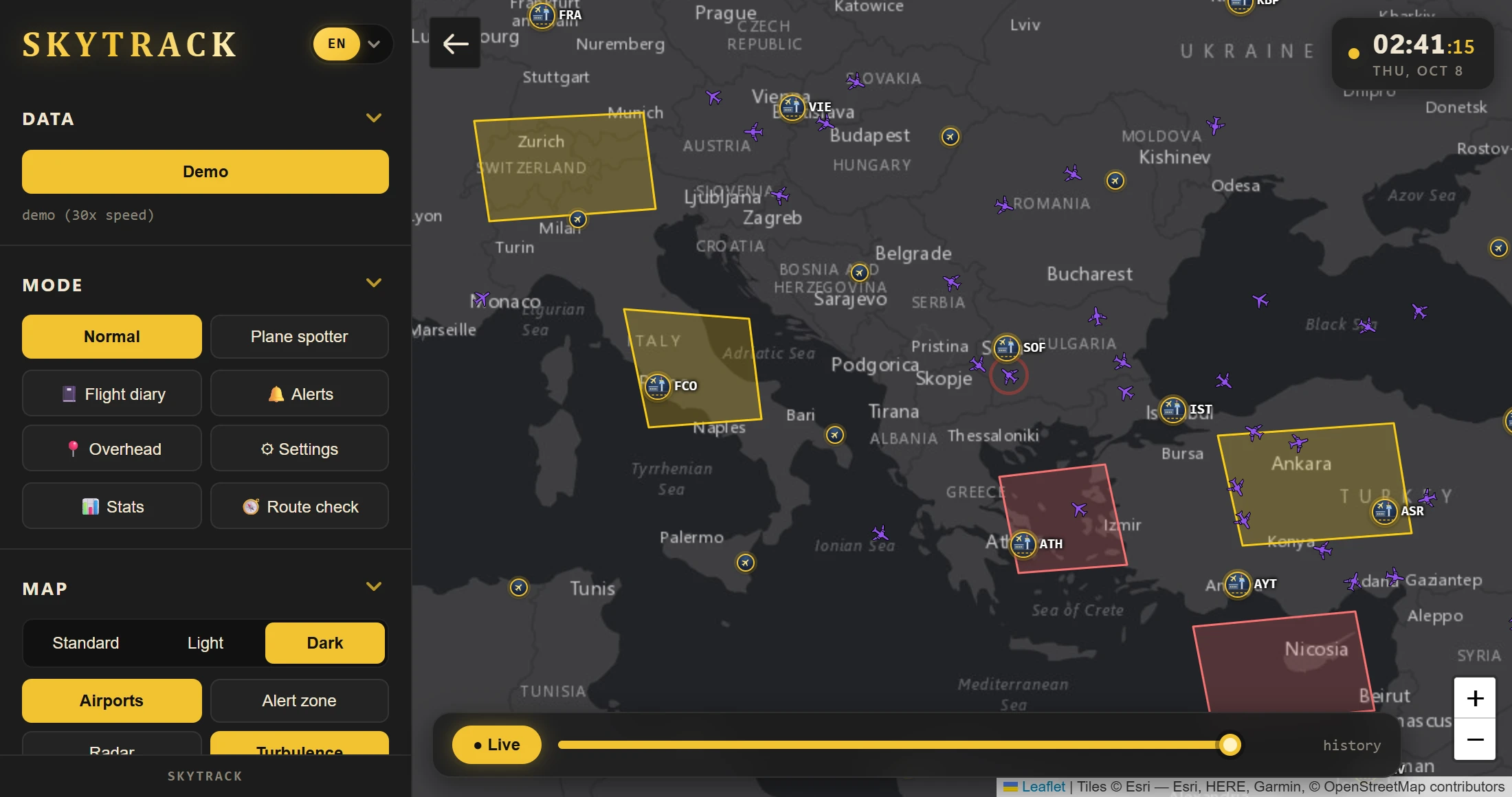 Map with yellow and red turbulence areas over Europe and Turkey
